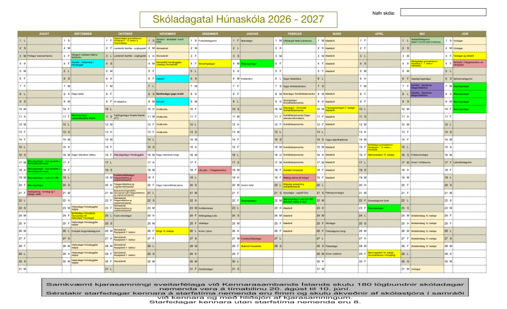 Skóladagatal 2026-2027 samþykkt
