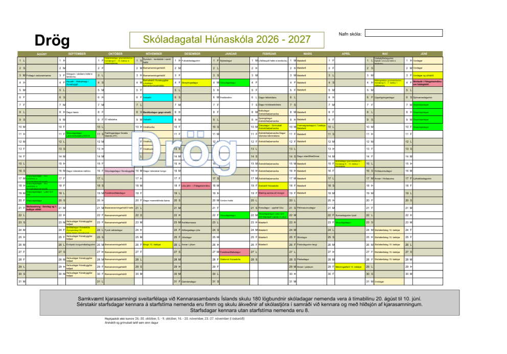 Drög að skóladagatali 2026-2027